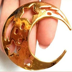 VTG Gold Tone Crescent Moon 2" Brooch with Cutouts